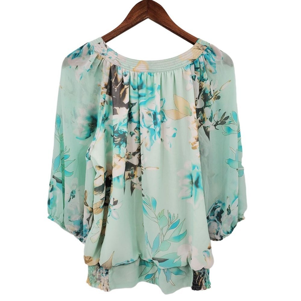 Dressbarn Womens Floral Half Button Tunic Top Blouse XL 3/4 Sleeve Elastic Waist - Picture 2 of 9